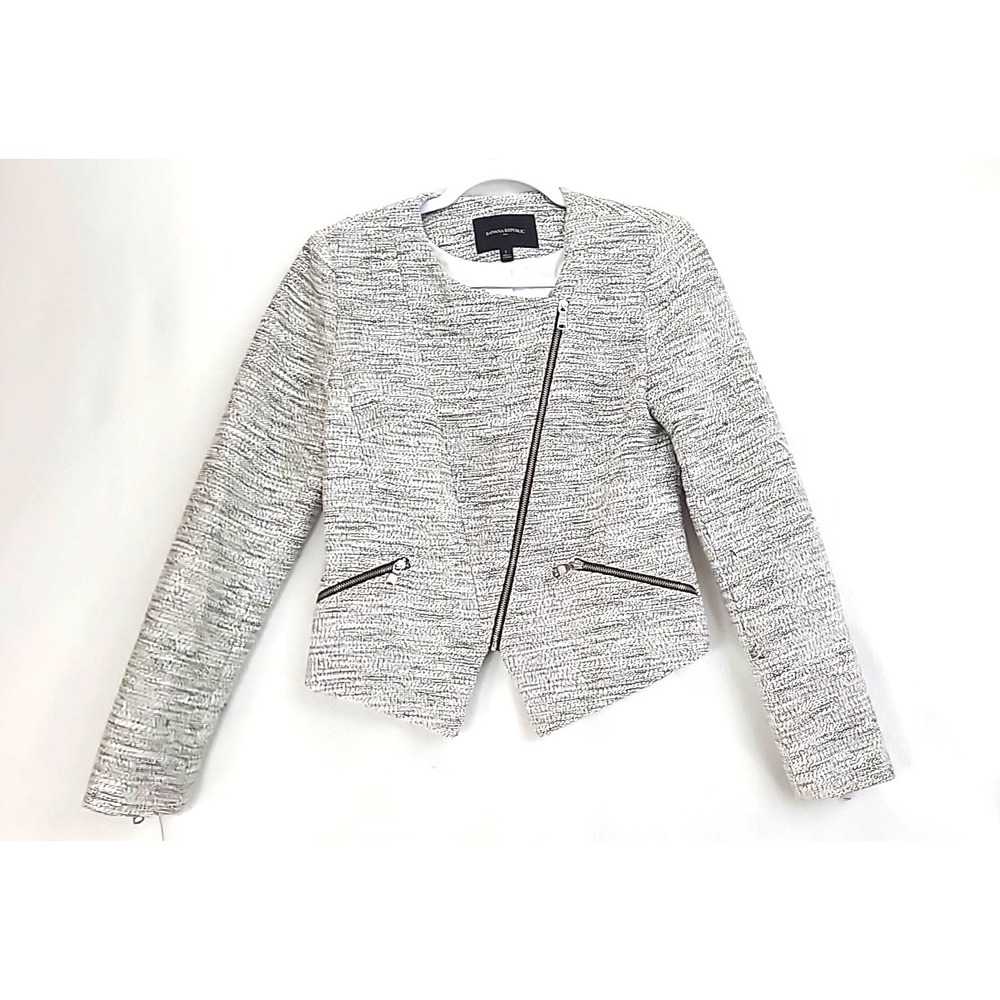 Banana Republic Sz 2 Black White Gray Tweed Asymmetrical Zip Moto Jacket Blazer